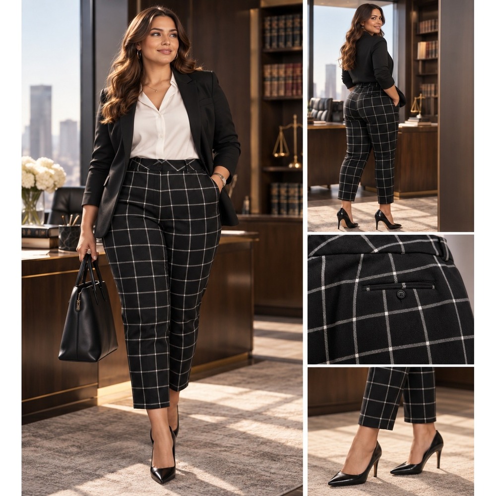 Zac & Rachel Trousers Size 16 Black Windowpane Plaid Stretch Career Pants #1617